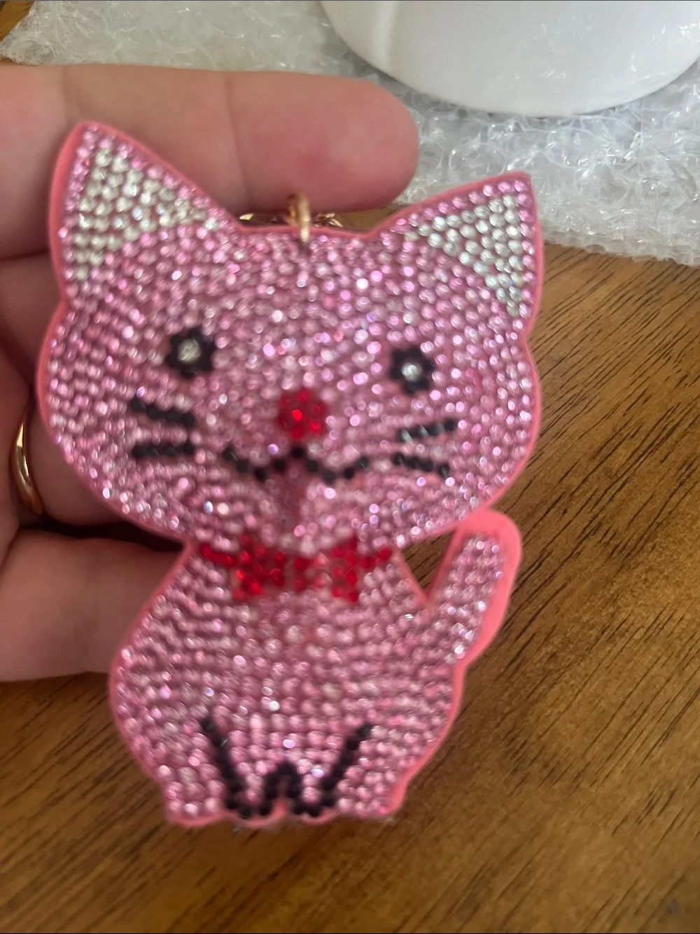 Pink Crystal Cat Keychain with Tassel